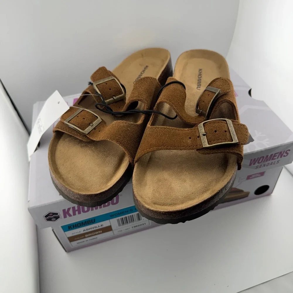 Khombu Ashville Sandals Womens 10 Brown New Suede Buckle Slide Comfort Shoes